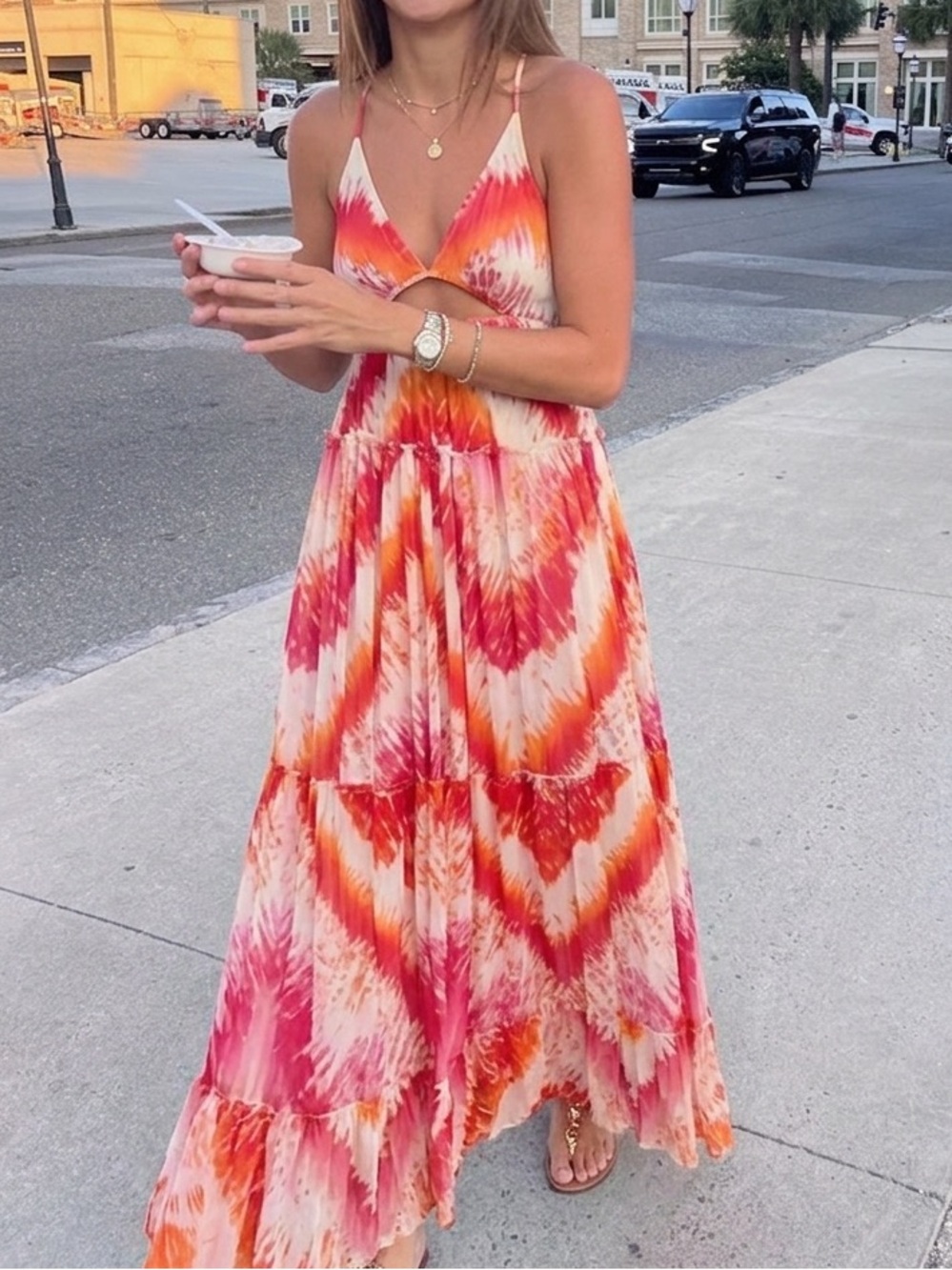 Rococo Sand Orange & Pink Tiered Cutout Maxi Dress
